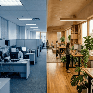 Oficina convencional versus oficina saludable dissenyada per Oken